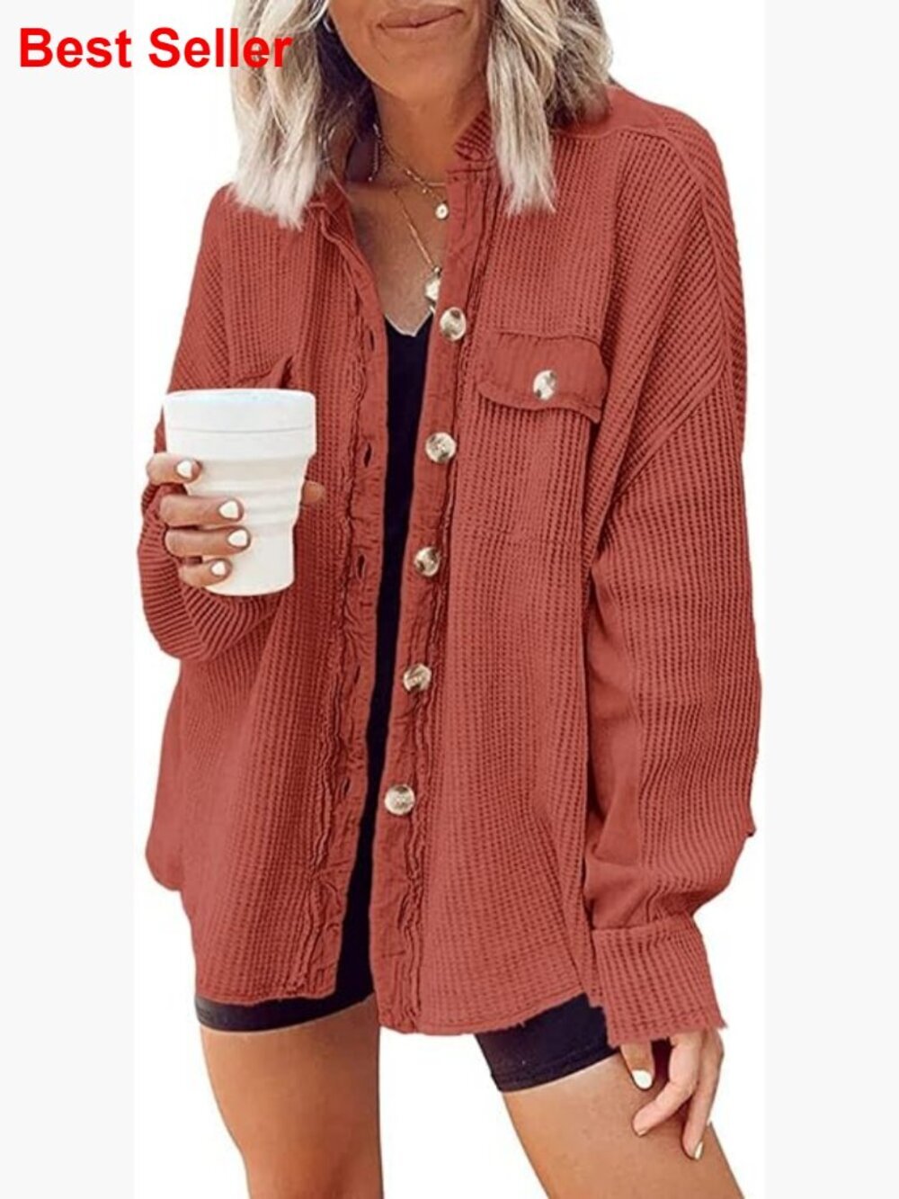Waffle Knit Button Down Shirt - Casual Long Sleeve Jacket